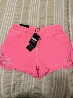 My Twin- Bright Pink Distressed Denim Shorts